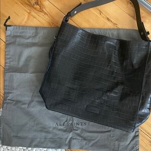 All Saints Croc-Embossed Black Leather Messenger Bag